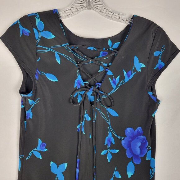 Vintage DBY Dark Floral Dress 7/8 Blue Black Maxi Fairy Whimsigoth Lace Back - Picture 7 of 9